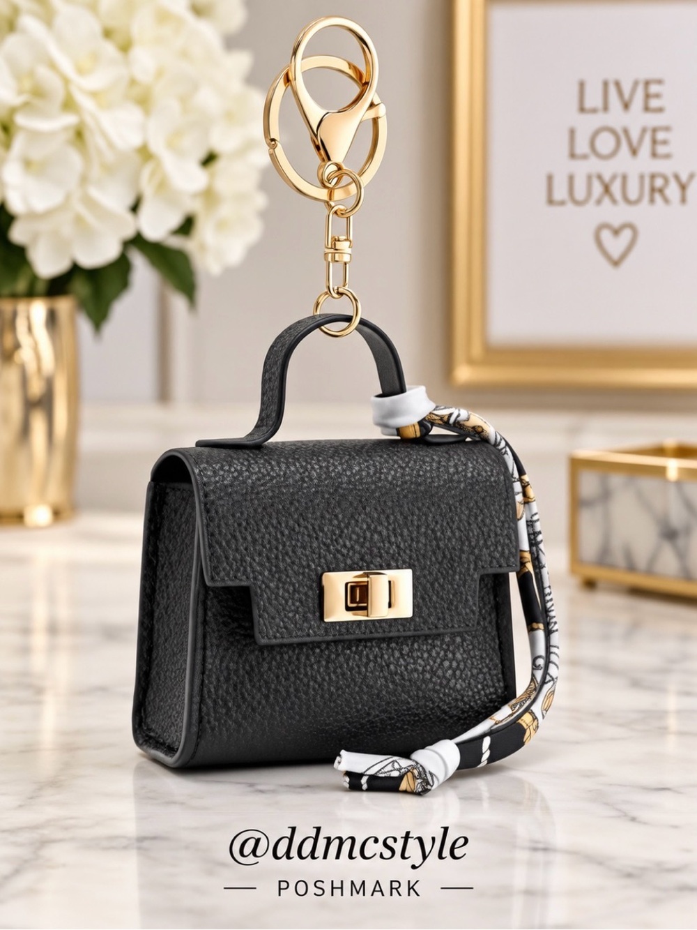 Gold-Accented Black Mini Bag Keychain Bag Charm